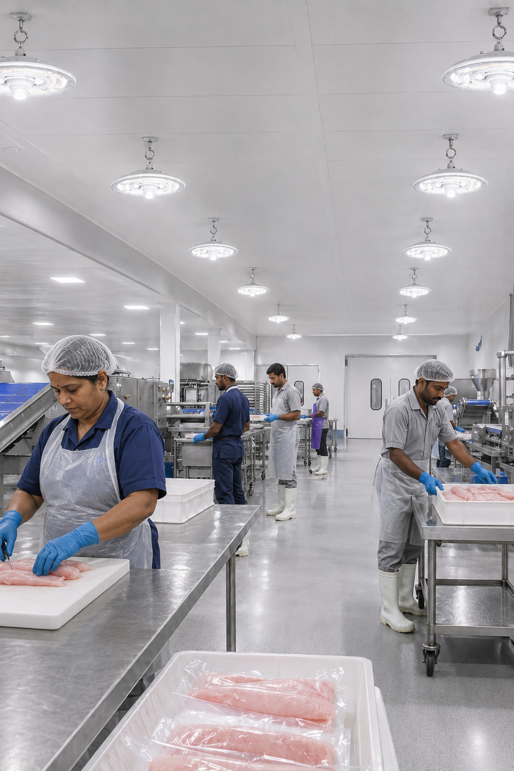 Workers processing seafood on the production line
